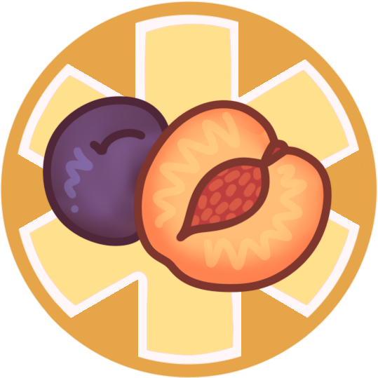 a yellow circle with a large medical alert asterisk inside it, and a plum and a peach pictured in the centre.